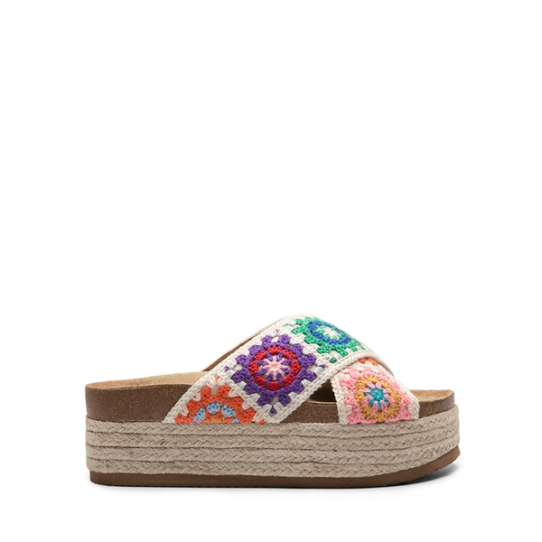 Raffia Flatform Flat Sandals - CREAM MULTI - 3